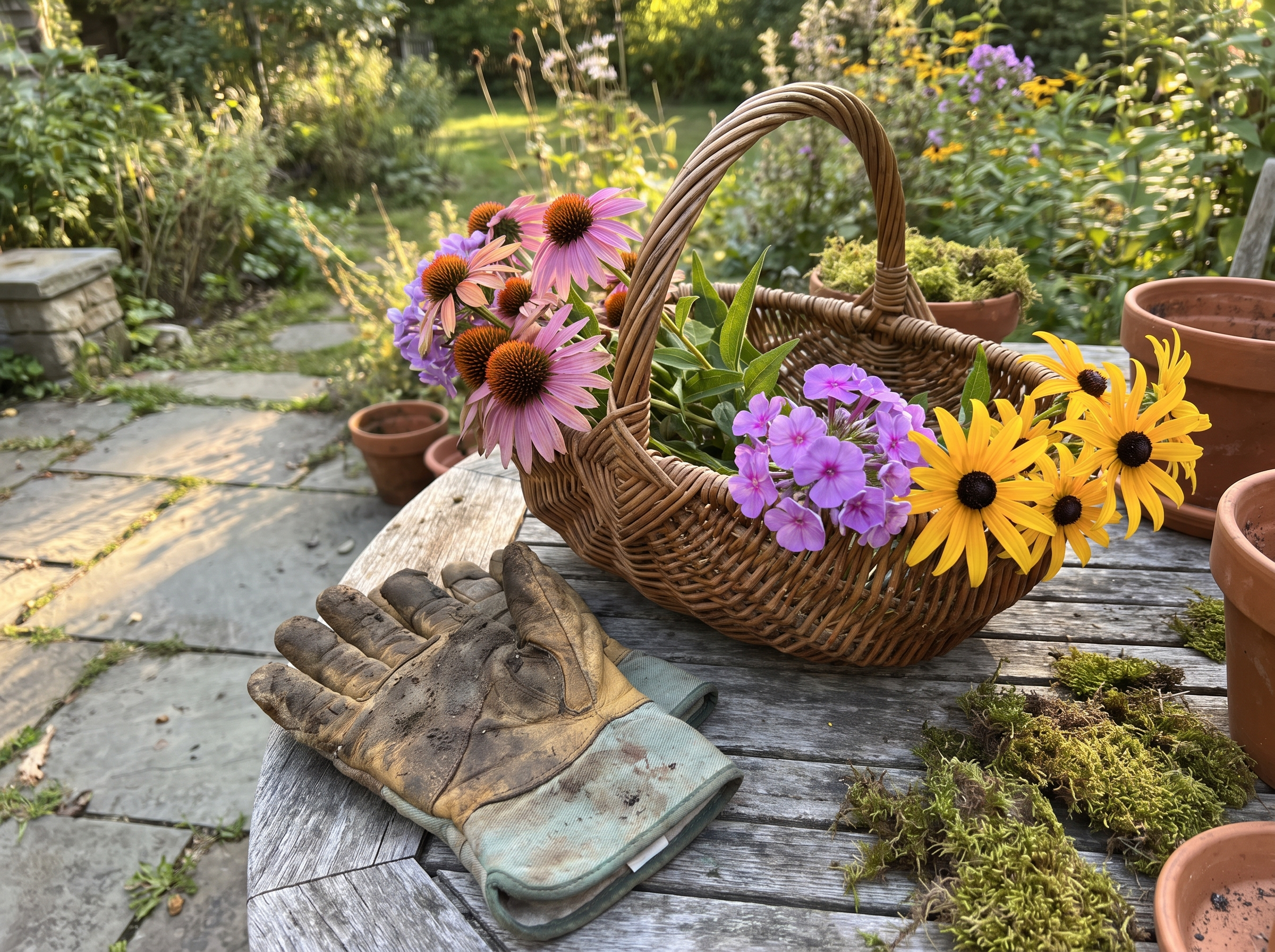 Gartenhandschuhe und Weidenkorb mit frisch geschnittenen Stauden