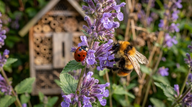 Marienkäfer und Hummel auf Katzenminze in einem naturnahen Garten